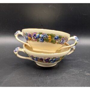 Crown Ducal Florentine Bouillion Cups Set of 2 Bas Relief Fruit Pattern 2 Handle